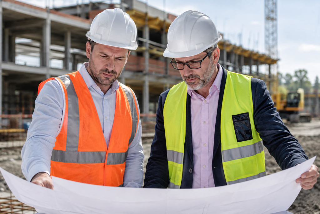 Men reviewing construction plans on site